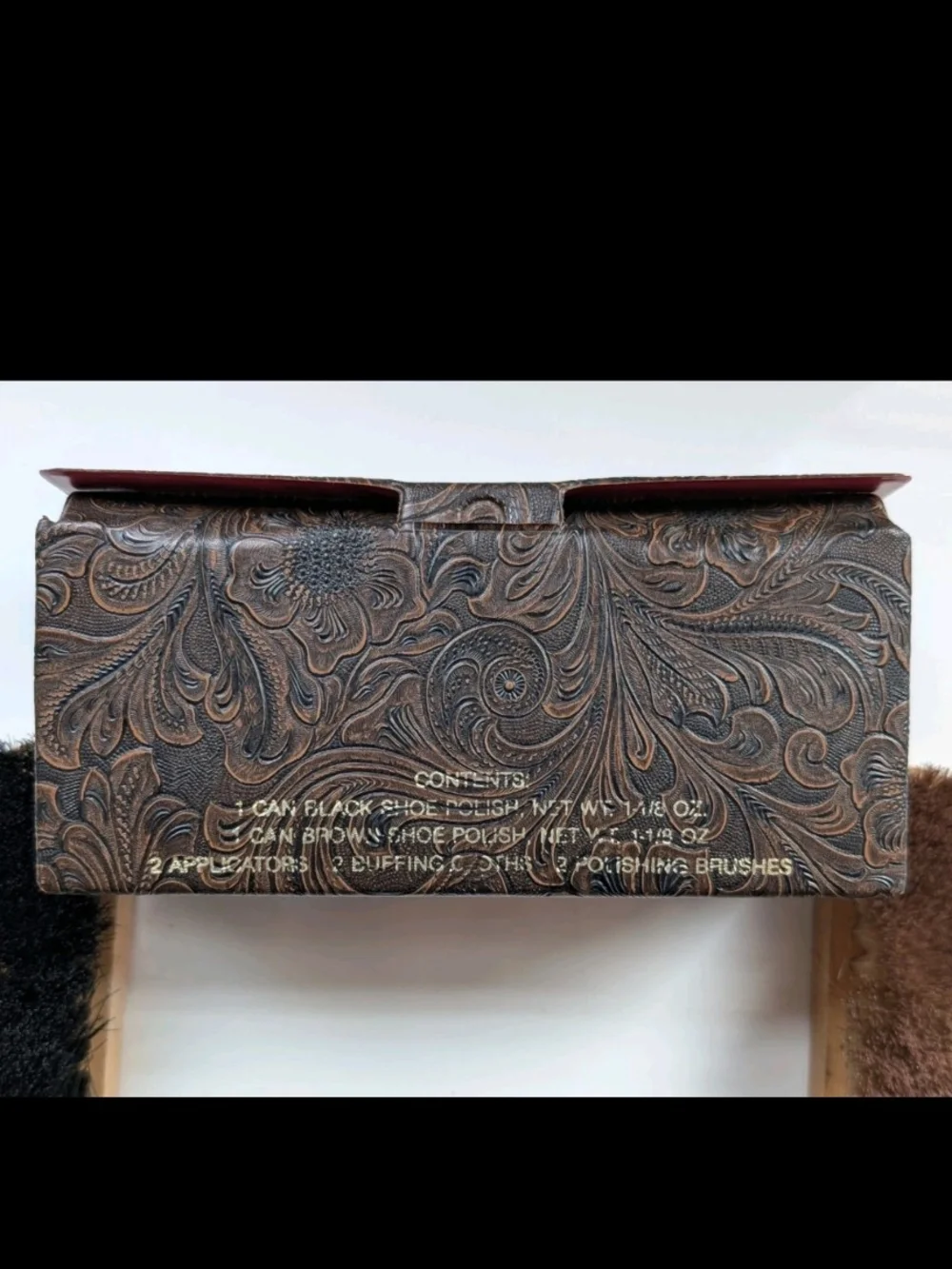 Vintage Kiwi Travel Shoe Shine Compact Kit Faux Tooled Leather Case Two Brushes